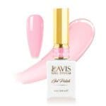 A 0.5oz bottle of Lavis Gel Pink Collection, shade P19, featuring a gold cap, is showcased next to a pink gel polish swatch on the left with a paint splash background. This Lavis Gel promises vibrant, long-lasting color for your nails.