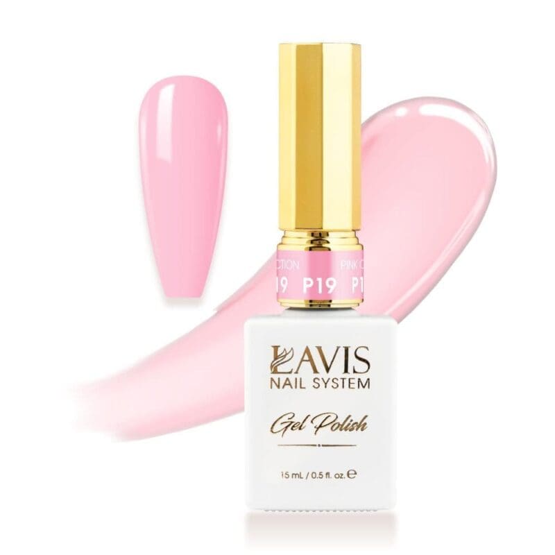 A 0.5oz bottle of Lavis Gel Pink Collection, shade P19, featuring a gold cap, is showcased next to a pink gel polish swatch on the left with a paint splash background. This Lavis Gel promises vibrant, long-lasting color for your nails.
