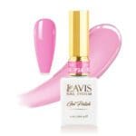 Image of a bottle of Lavis Gel Pink Collection Gel Polish, 0.5oz, with a gold cap, labeled "P24." Next to the bottle is a brush stroke and a sample swatch from the Lavis Gel Pink Collection.