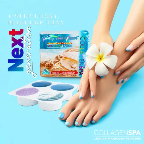 A woman's foot with a flower on it surrounded by Collagen Spa 4 Step Pedi Tray (96 Trays/Cs) products.