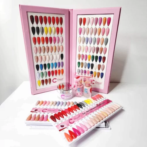 A pink box containing a variety of nail polishes, including Cloud Trio (Dip, Gel & Polish).