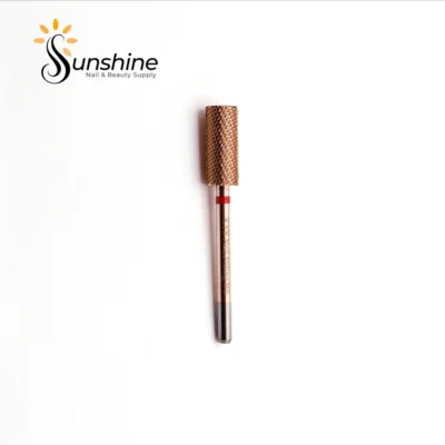 Sentence with Product Name: Gold-toned KYE Premium Bit Small Barrel 5.35mm nail drill bit on a white background with "sunshine nails & beauty supply" logo above.