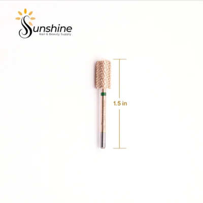 Gold-toned cylindrical nail drill bit with KYE Premium Bit Large Barrel Smooth Safety Top 6.6mm measurement indicator showing 1.5 inches in length, on a white background with "sunshine nails & beauty supply" logo at the top