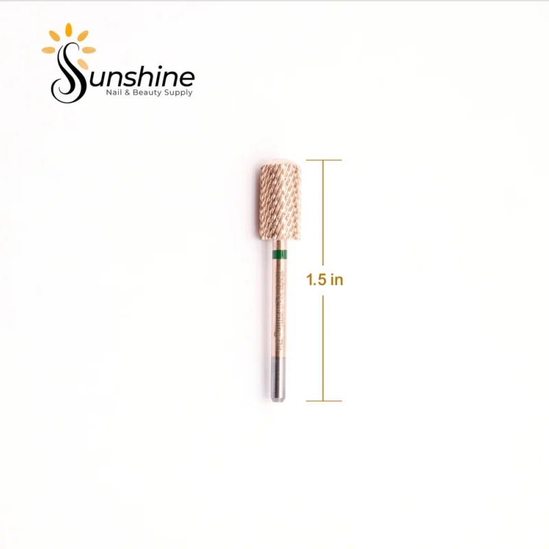 Gold-toned cylindrical nail drill bit with KYE Premium Bit Large Barrel Smooth Safety Top 6.6mm measurement indicator showing 1.5 inches in length, on a white background with "sunshine nails & beauty supply" logo at the top