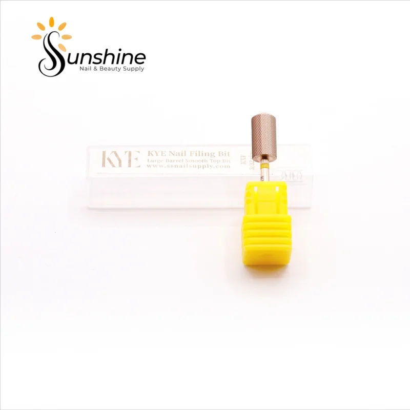 A KYE Premium Bit Large Barrel Smooth Safety Top 6.6mm nail filing bit with a yellow barrel grip on a white background, with the sunshine nail & beauty supply logo at the top.