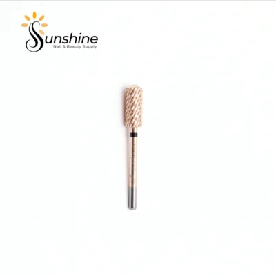 Cylindrical KYE Premium Small Barrel Smooth Safety Top 5.35mm nail drill bit on a plain background with sunshine nails & beauty supply logo.