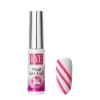 A bottle of KYE Nail Art Gel from the KYE Nail Art Gel Kit Box 48 Colors, labeled "34," is positioned next to a nail swatch showcasing pink diagonal stripes on a white base.
