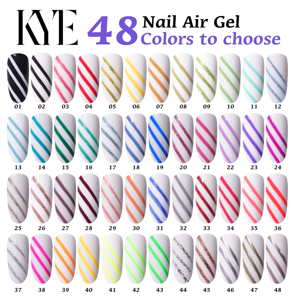 Discover the KYE Nail Art Gel Kit Box 48 Colors, highlighting 48 stunning designs with vibrant diagonal stripes on clean white backgrounds, thoughtfully labeled from 01 to 48.