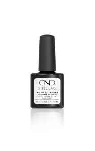 Black and white bottle of CND Shellac Wear Extender Base Coat 0.25oz (7.3 ml) size with a black cap. The label indicates it prolongs gel nail polish wear, acting as an effective base coat to ensure lasting results.