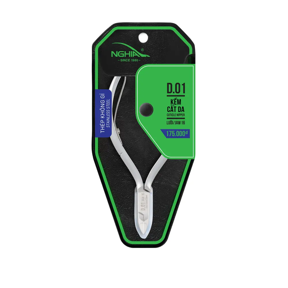 A pair of stainless steel NGHIA Cuticle Nippers (D-01/C-03) packaged on a green and black branded card.