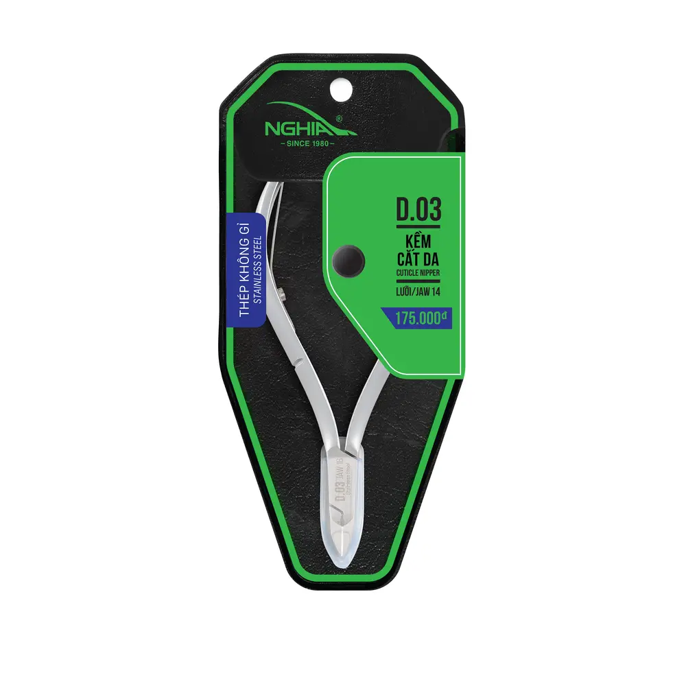 NGHIA Cuticle Nipper (D-03/C-04) stainless steel cuticle trimmer on retail packaging.