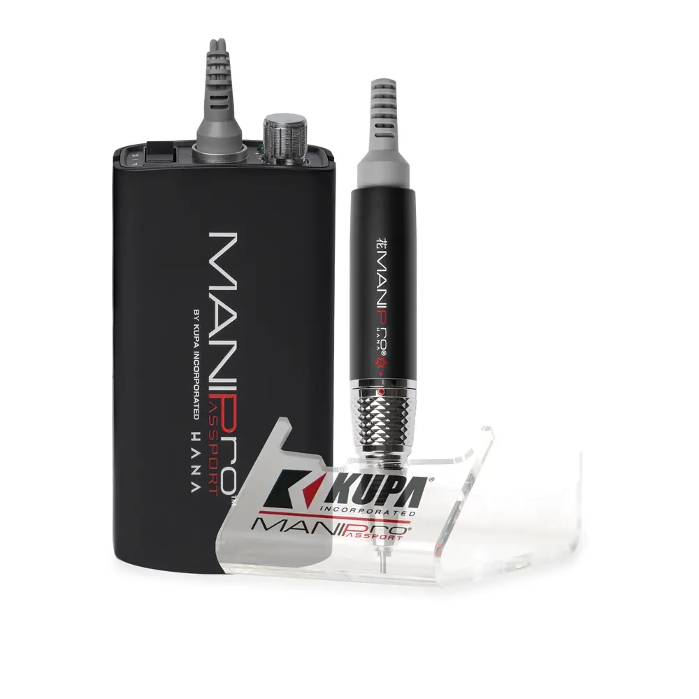 Electric nail drill with slim handpiece, MANIPRO Passport Complete HANA Phantom control box, and transparent plastic stand on a white background.