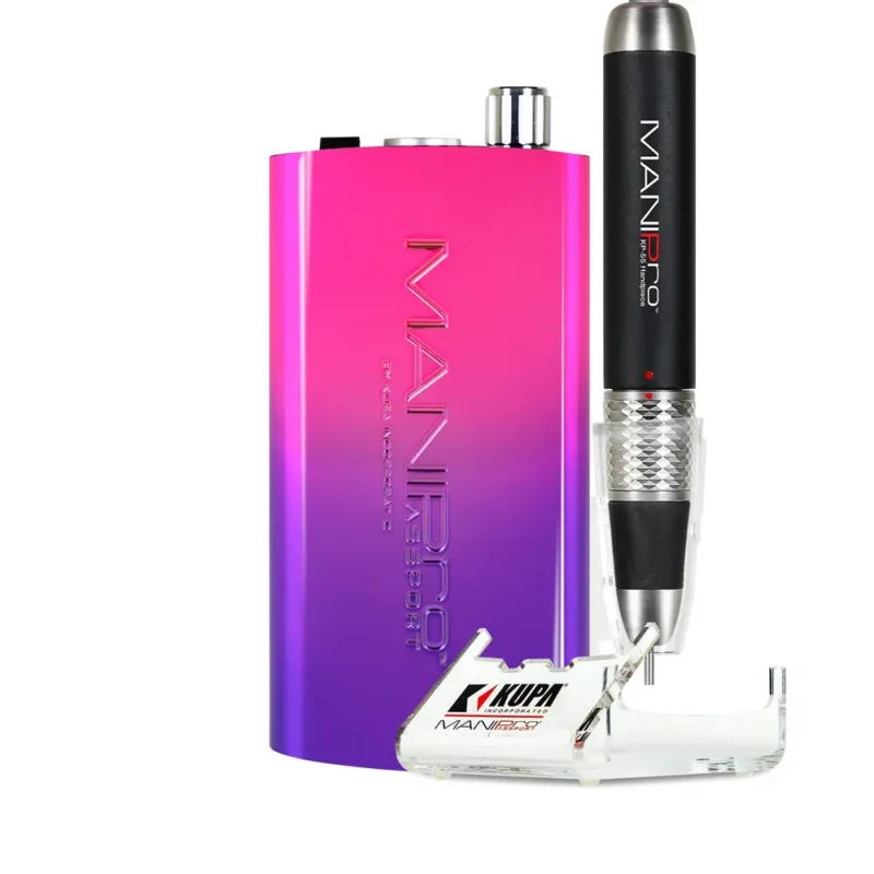 A professional MANIPRO Passport Complete Pixie nail drill set featuring a pink and purple control box with the "MANIPRO Passport" logo and a handpiece mounted on a stand.