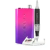 A vibrant pink and purple gradient nail drill labeled "MANIPRO Passport Complete Pixie" with a handpiece attached, isolated on a white background.