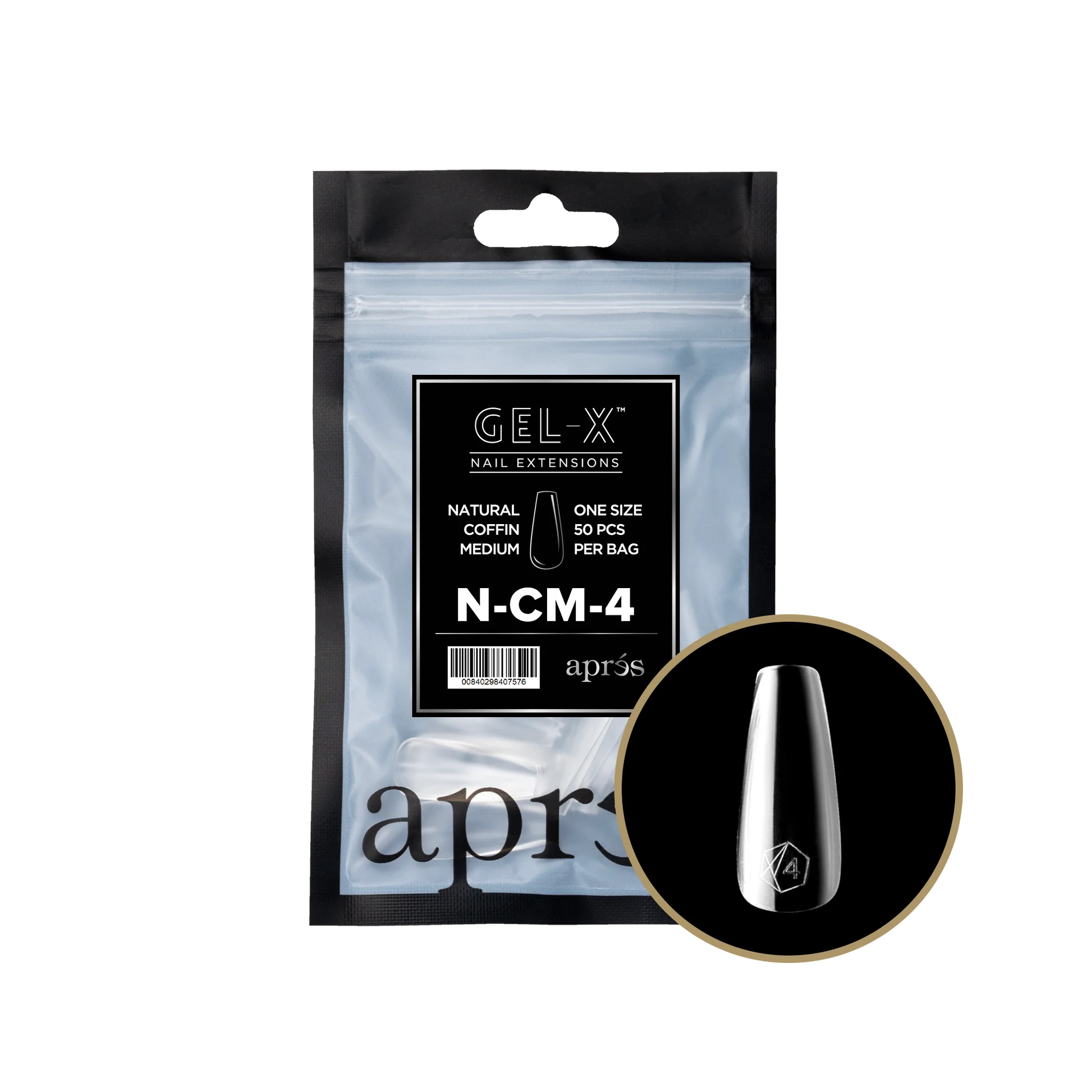 Packaging of Apres Gel-X Natural Coffin Medium Refill Bag with a bottle of nail gel.
Product Name: Apres Gel-X Natural Coffin Medium Refill Bag