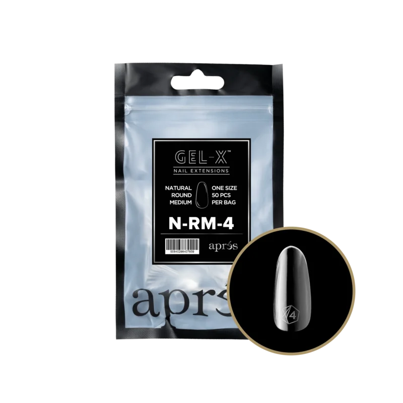 A package of Apres Gel-X Natural Round Medium Refill Bag nail extensions with a single nail tip displayed in front.