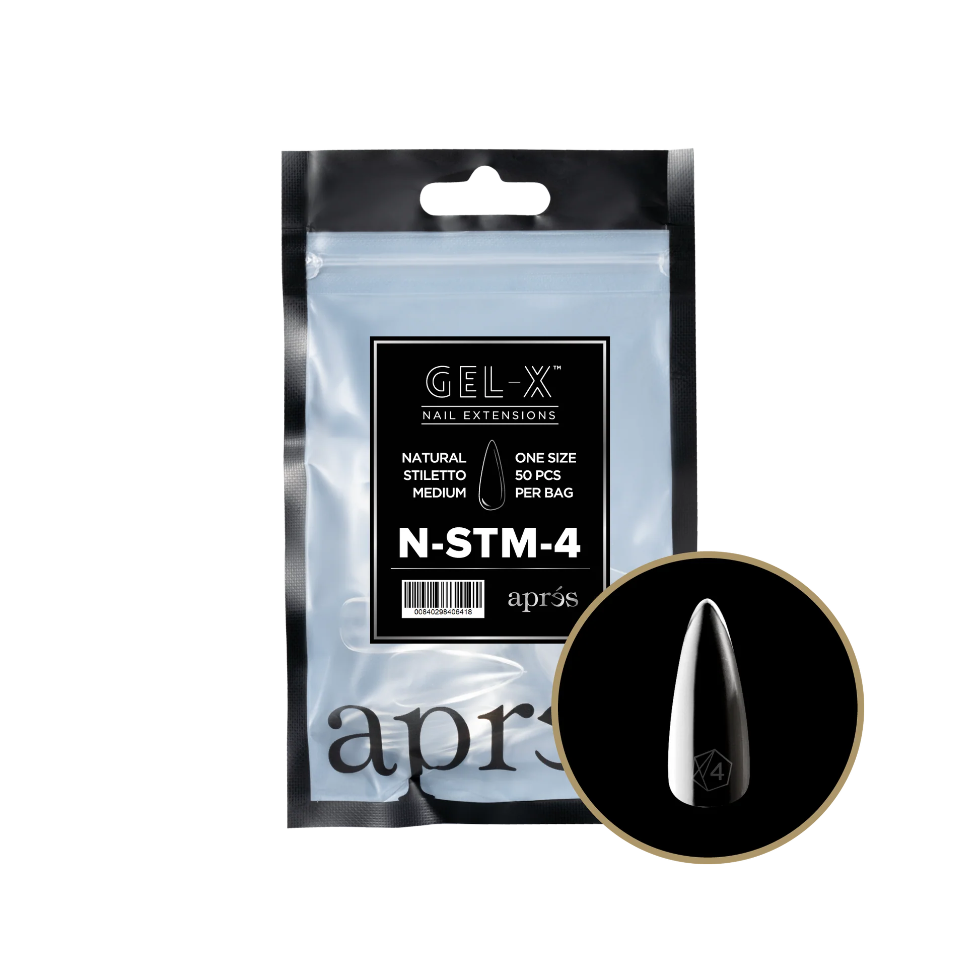 A package of Apres Gel-X Natural Stiletto Medium Refill Bag nail extensions displayed alongside a single nail sample.