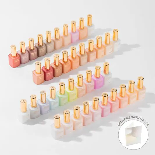 Rows of colorful nail polish bottles with golden caps are arranged neatly on a white surface, showcasing the Apres Light & Shadow Sheer Gel Collection 10ml. A small circular inset in the bottom right corner advertises a free swatch book.