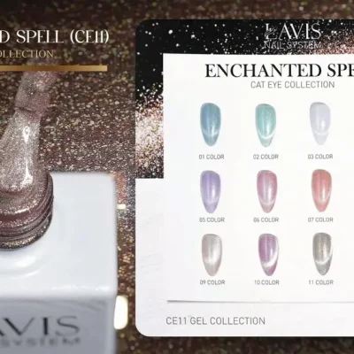 Image of a nail polish bottle with shimmering polish labeled "Cat Eye CE11" and a color chart displaying 12 glittery samples from the "Enchanted Spell Collection" by L'AVIS Nail System.