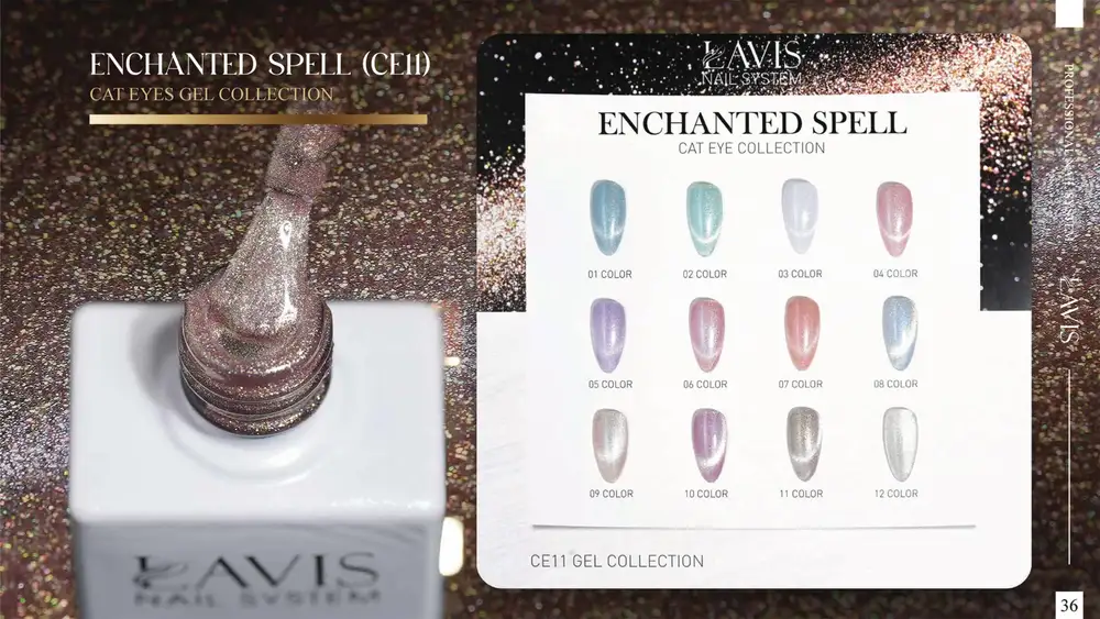 Image of a nail polish bottle with shimmering polish labeled "Cat Eye CE11" and a color chart displaying 12 glittery samples from the "Enchanted Spell Collection" by L'AVIS Nail System.