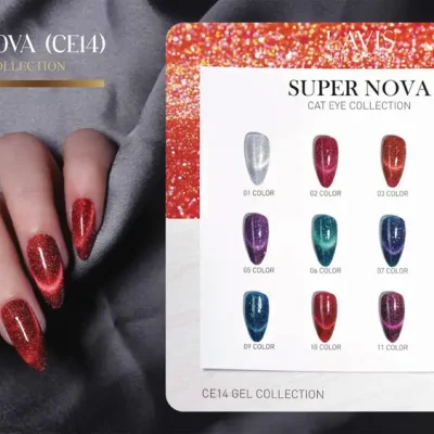 A hand with long, red glittery nails is displayed beside a chart showcasing 12 different nail polish colors from the LAVIS Cat Eye CE14 - Super Nova Collection. Each color is labeled with a number.