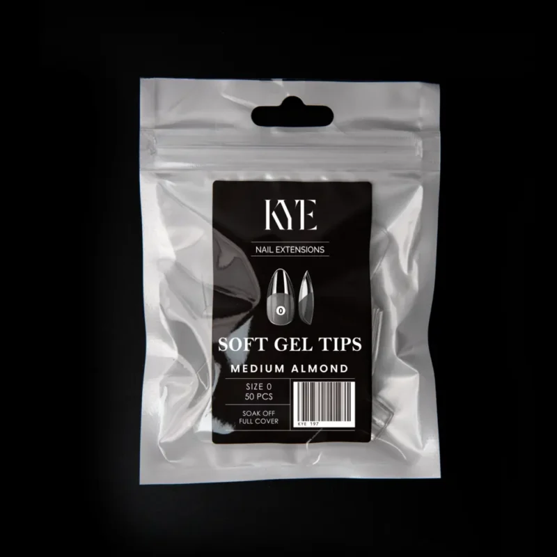A white plastic packet labeled "KYE Soft Gel Refill Tips - Medium Oval (50pcs/Bag)," containing 50pcs, against a black background.