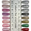 The DND DIVA Duo nail polish color chart features 36 stunning shades, ranging from glittery to metallic. It includes vibrant pinks, bold reds, rich greens, and sleek blacks, with each color uniquely identified by a number and name for convenient selection.