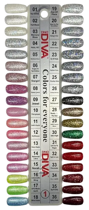 The DND DIVA Duo nail polish color chart features 36 stunning shades, ranging from glittery to metallic. It includes vibrant pinks, bold reds, rich greens, and sleek blacks, with each color uniquely identified by a number and name for convenient selection.