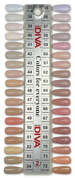 A dazzling presentation of DND DIVA Duo nail polish samples, showcasing an extensive variety of pink, nude, and neutral shades. Each Duo is carefully labeled with numbers and names for effortless selection.