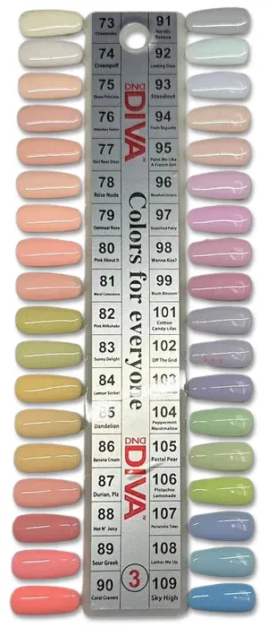 The DND DIVA Duo collection features a display of nail polish samples with 36 vibrant colors, ranging from muted pastels to vivid hues, each one carefully numbered and named. Positioned on a central strip labeled "Diva Colors for Everyone," this charming assortment is perfect for any occasion.