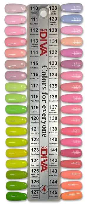 Discover the vibrant color palette of the DND DIVA Duo nail polish samples, featuring a variety of shades such as pink, green, and purple. Each sample is conveniently labeled with numbers for easy reference, perfect for the fashion-forward diva aiming for a standout look.