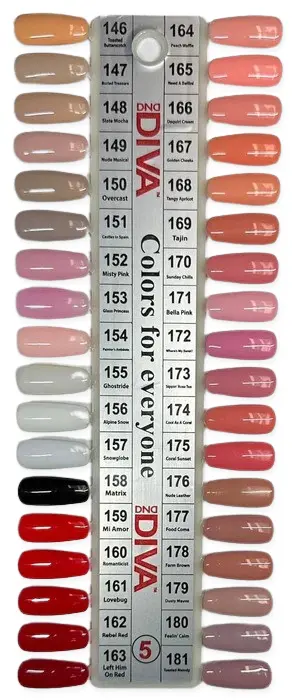 Discover the DND DIVA Duo display featuring 50 nail polish color samples, each identified by its unique number. Spanning from subtle neutrals to striking reds and pinks, this collection adds a glamorous flair to any style.