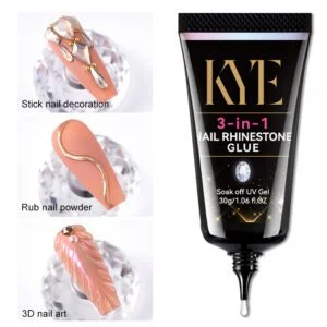 A tube labeled "KYE 3-in-1 Nail Rhinestone Glue 30g" sits next to three stunning nail art designs: stick nail decoration, rub nail powder, and intricate 3D nail art.