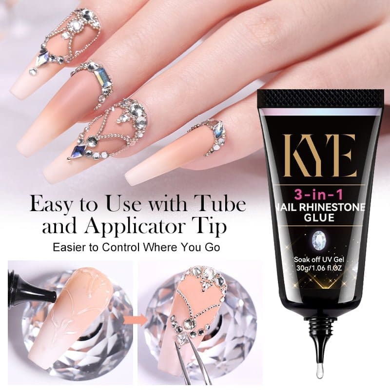 Close-up of hands with decorated fingernails next to a tube of KYE 3-in-1 Nail Rhinestone Glue 30g. The image also shows the glue being applied to a nail with an applicator, highlighting its precision and strength.