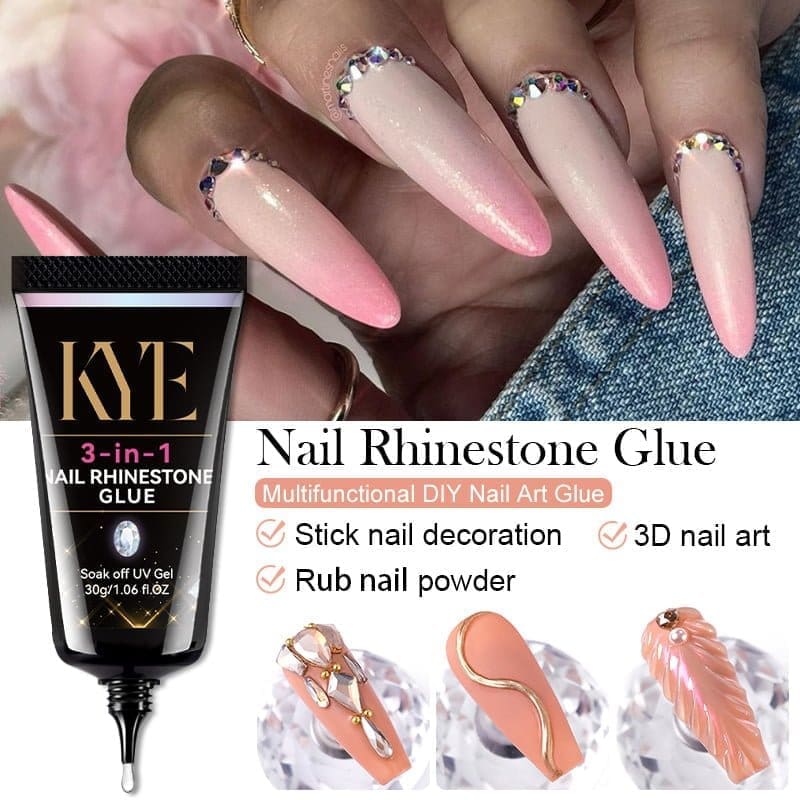 A hand sporting long, pink, rhinestone-embellished nails is depicted next to a tube of KYE 3-in-1 Nail Rhinestone Glue 30g. Below it are images highlighting the versatile uses of the glue, including nail decoration and 3D nail art.