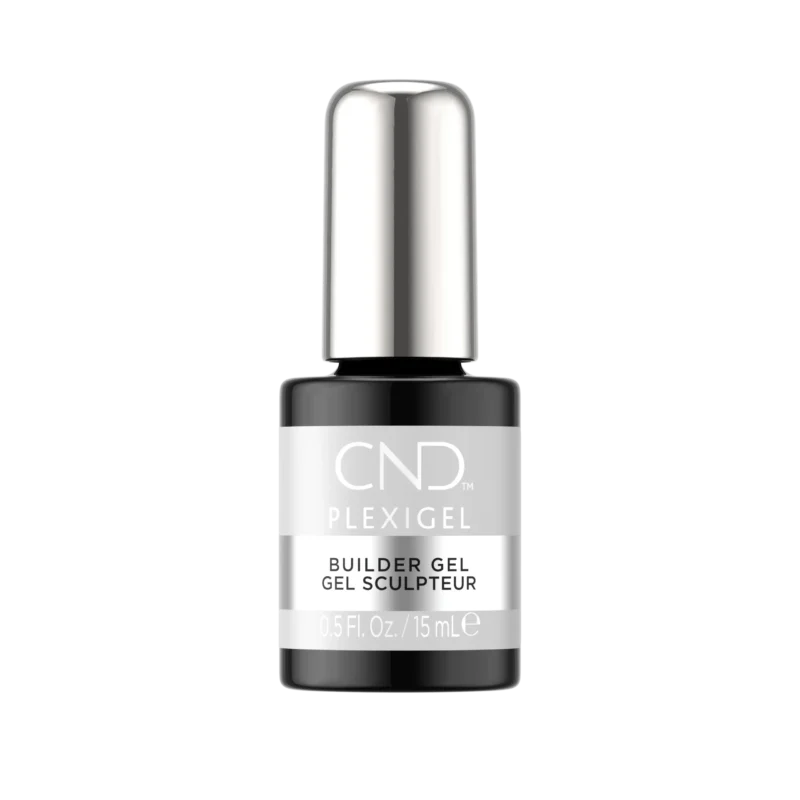 A 15 mL bottle of CND PLEXIGEL Color Builder Peach Moonstone with a black label and silver cap.