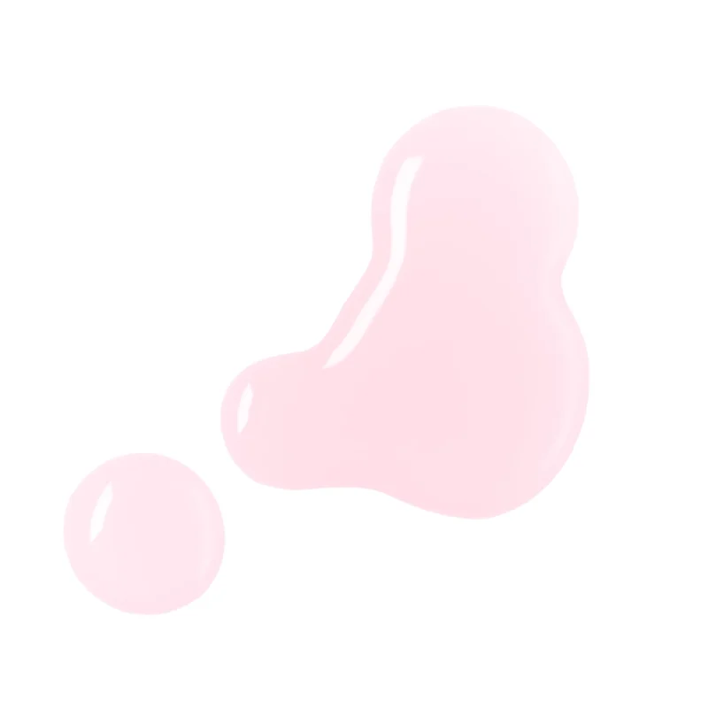 Two light pink liquid drops on a white background, one larger and irregularly shaped and the other smaller and circular, evoke the delicate shade of CND PLEXIGEL Color Builder Peach Moonstone.