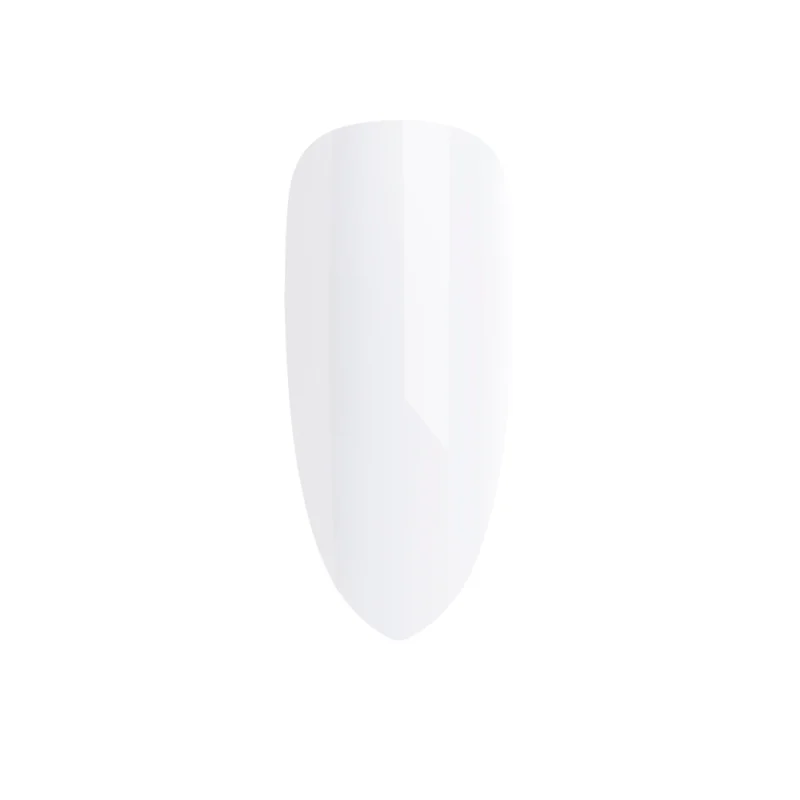 A single, artificial, white nail tip on a plain white background showcases the elegance and simplicity achievable with CND PLEXIGEL Color Builder Peach Moonstone.