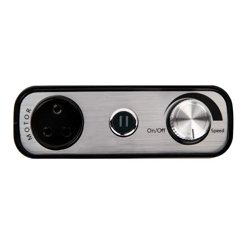 Close-up of a control panel featuring a motor socket, power button, and speed dial labeled "On/Off" and "Speed." The panel boasts a metallic finish with Complete Black accents, mirroring the sophisticated ManiPro Passport Next Complete Black design.