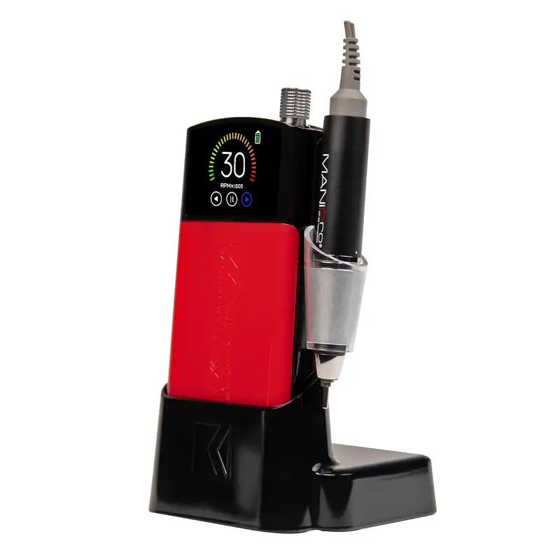 A close-up view of the ManiPro Passport Next Complete Black electric stapler, showcasing its sleek red and black design with a digital display and a pen-like attachment conveniently docked, echoing the precision characteristic of ManiPro tools.