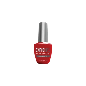 A bottle of Kupa ENRICHRx Essentials No Wipe Gel Top Coat Gloss 0.57oz glistens with its vibrant red color and silver cap against a black background. This elegant and durable nail polish offers a brilliant no wipe finish in a sleek design.