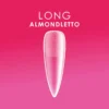 Illustration of a "Long Almondletto" nail shape on a pink gradient background, showcasing the chic sophistication of Kupa ENRICHRx Sof Gel Tips 550ct. ALMONDLETTO.