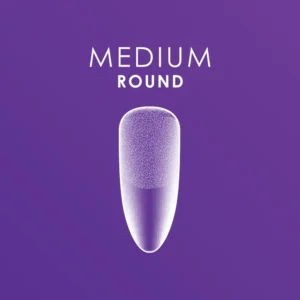 A purple illustration of a medium round brush tip is featured with the text "MEDIUM ROUND" above it, offering precision and control. It is ideal for use with Kupa ENRICHRx Sof Gel Tips 550ct. ROUND.