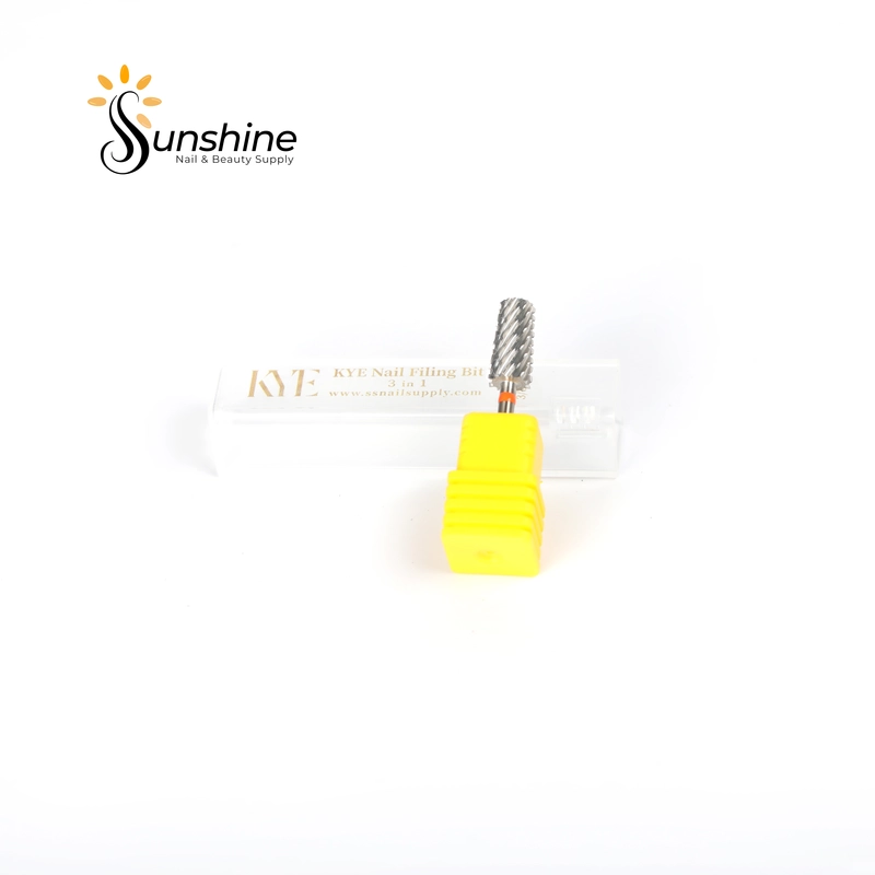 The KYE Premium 3-in-1 Large Tapered Barrel Bit showcases a metallic head with a large, tapered design and a yellow plastic base. It is elegantly displayed on a white background with a transparent case in the backdrop for easy storage.