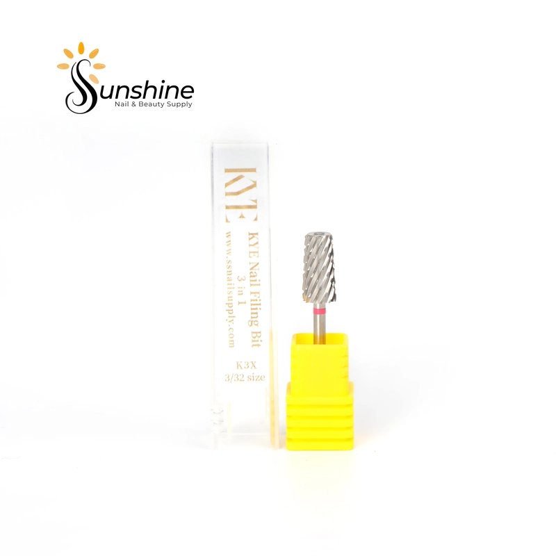 A KYE Premium 3-in-1 Large Tapered Barrel Bit with a spiral texture is placed next to a transparent case with text, featuring a yellow base for holding the bit upright.