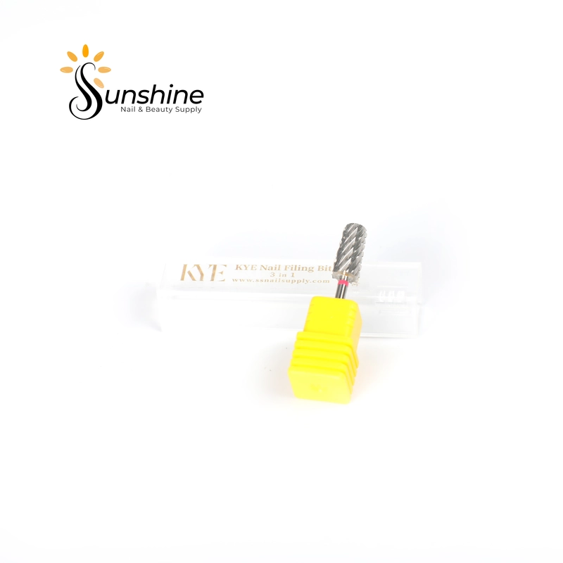 This carbide nail drill bit, displayed with a yellow holder on a pristine white background, is branded "Sunshine Nail & Beauty Supply." It features the KYE Premium 3-in-1 Large Tapered Barrel Bit design, offering versatility and precision for all your nail care needs.