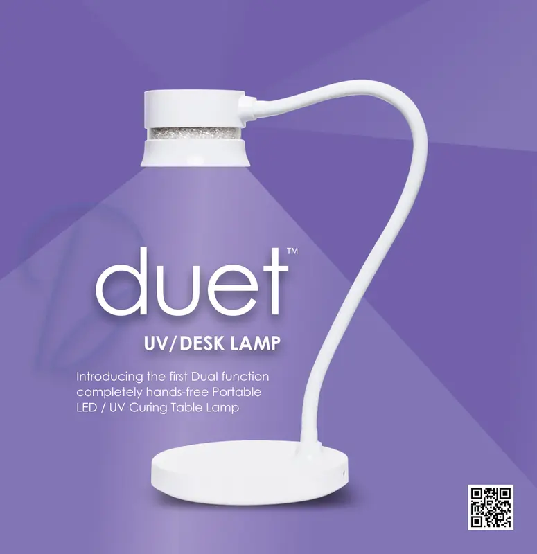 A black, flexible UV/LED Desk Lamp on a purple background, labeled "Kupa DUET," highlights dual functionality and hands-free portability. In the bottom right corner, a QR code is available to connect you with further information.