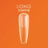 Set against an orange backdrop, the words "LONG COFFIN" stand out, showcasing a single long, coffin-shaped Sof Gel Tip in a light orange hue. Expertly finished with Kupa ENRICHRx for exceptional durability and shine.