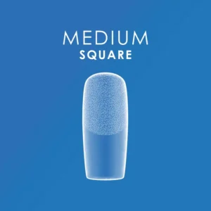 A medium square blue nail polish bottle stands elegantly on a blue background, reminiscent of the sleek design found in Kupa ENRICHRx Sof Gel Tips 550ct. SQUARE.