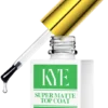 A bottle of KYE Super Matte Top Coat features a gold applicator and prominently displays its NO HEMA and soak-off UV/LED properties in a 0.5oz (15ml) size. It pairs perfectly with the KYE Rubber Base for a flawless finish.